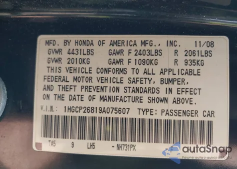 2009 Honda Accord 2.4 Ex-L z USA, uszkodzony, nr VIN 1HGCP26819A075607